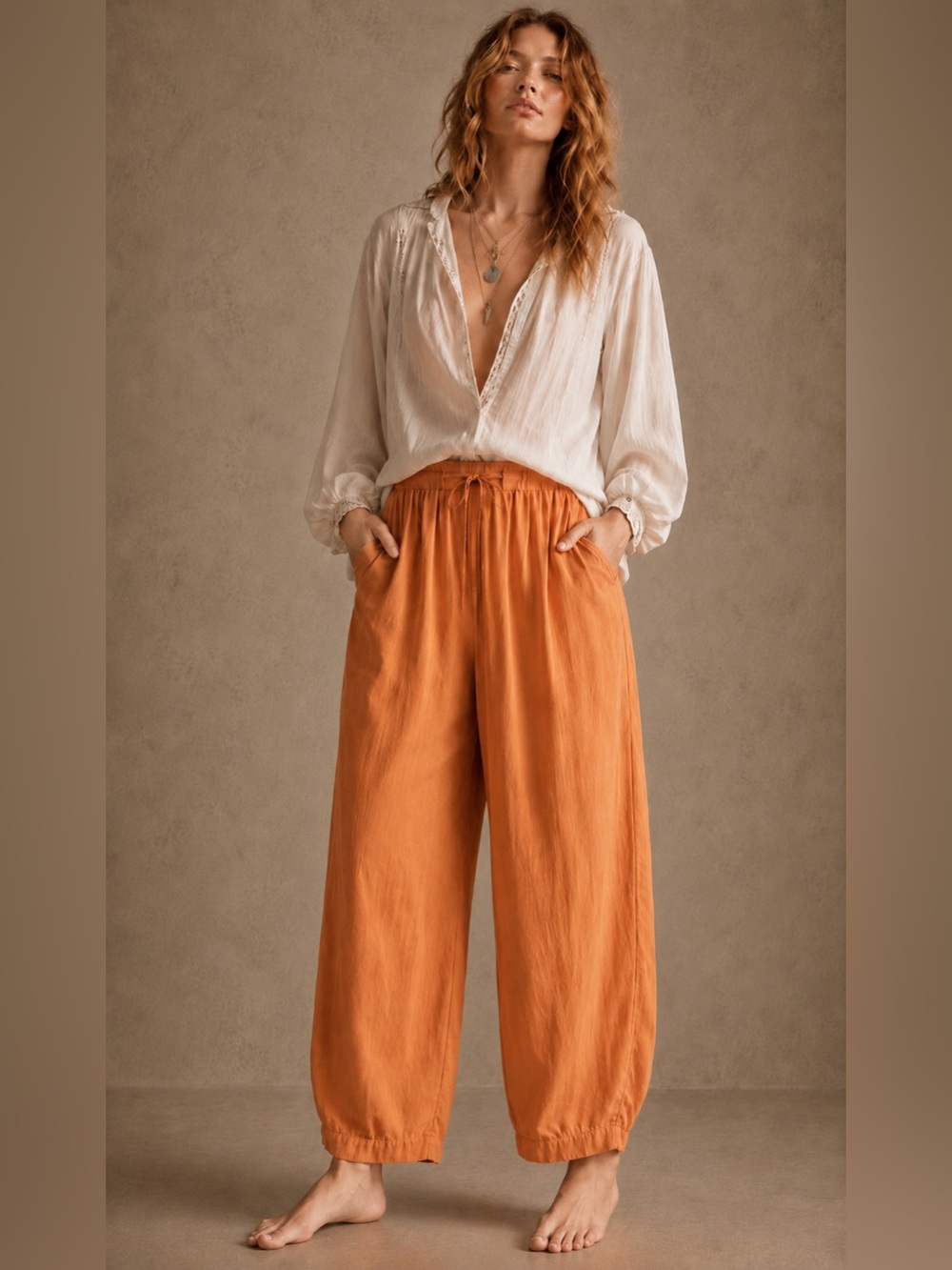 Amanda Smith Pure Silk Pumpkin Orange Wide Leg Pants Boho Resort Lounge